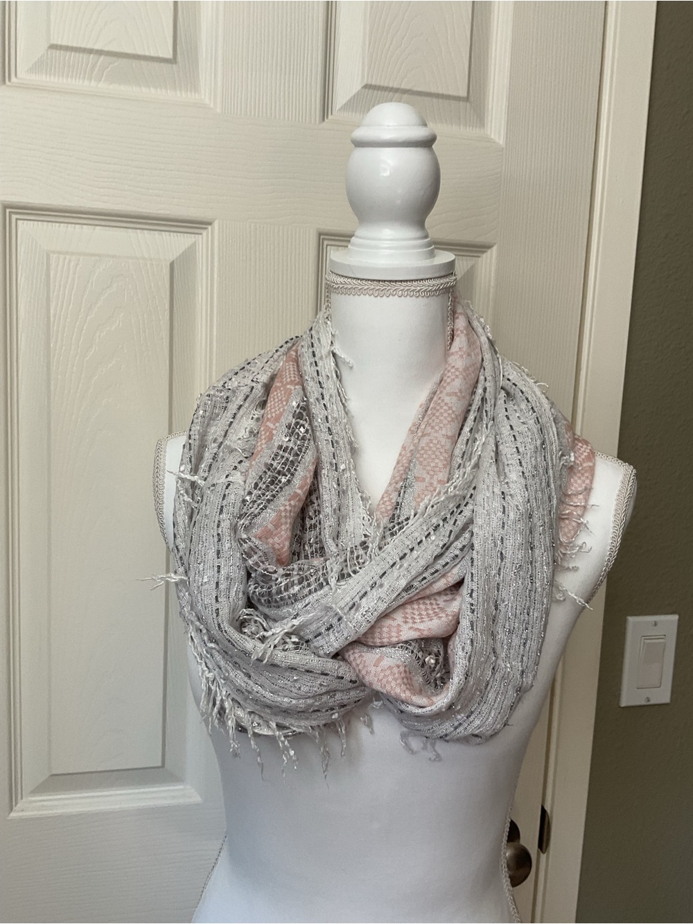 Light Gray and Blush Pink Textured Infinity Scarf